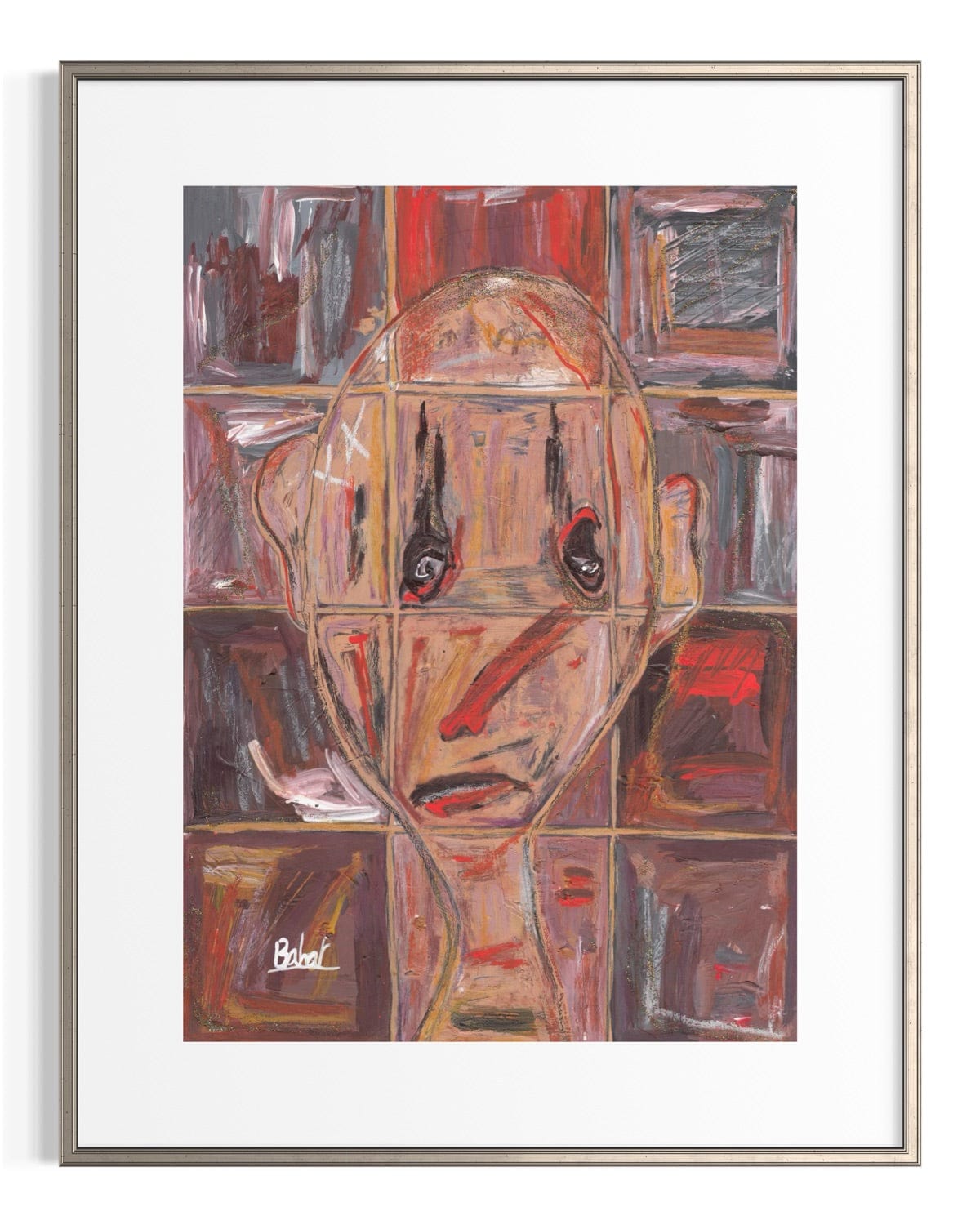 Abstract artwork of a face with a grid pattern, signed 'Bebelit', in a white frame.