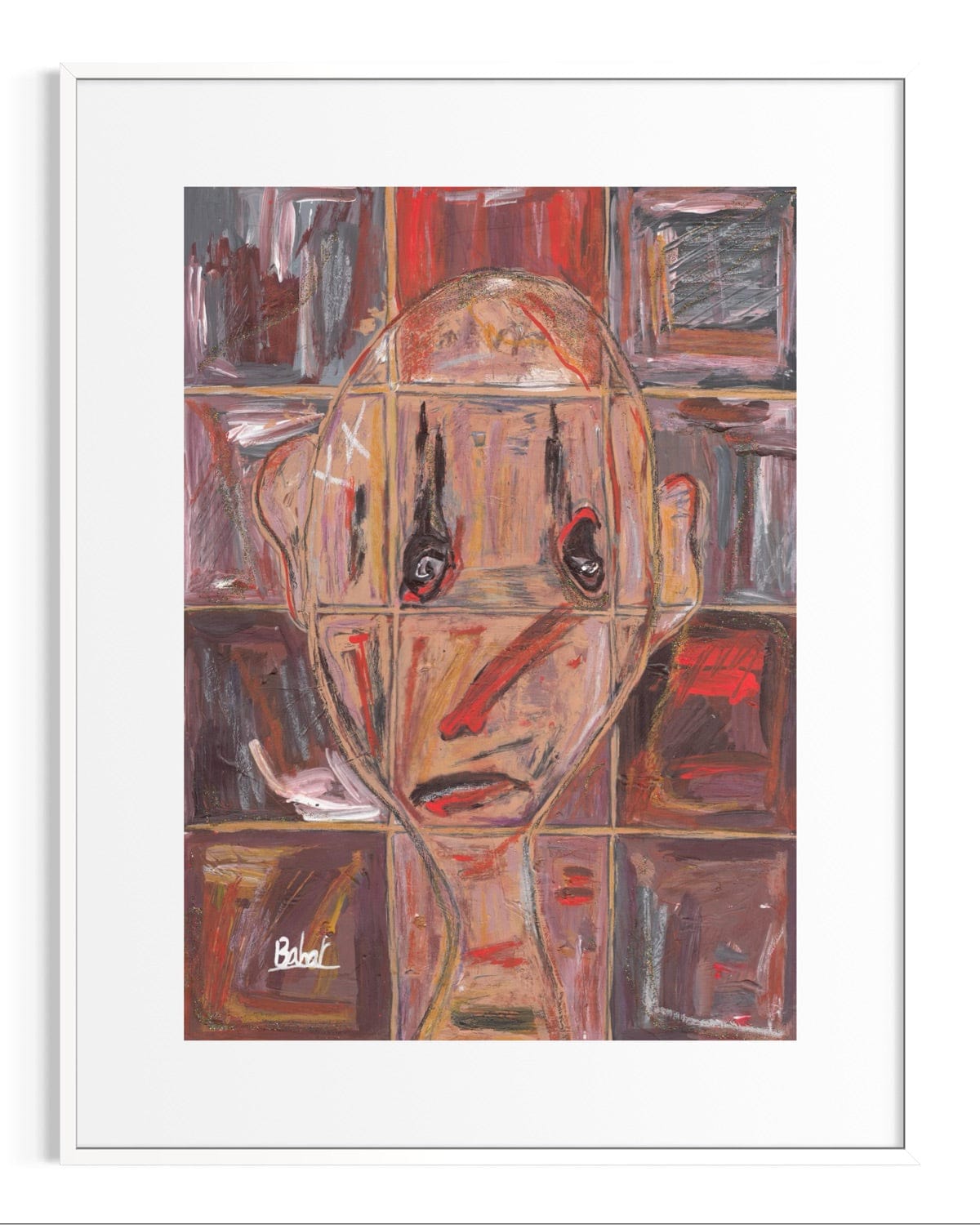 Abstract painting of a face with geometric shapes and bold colors.