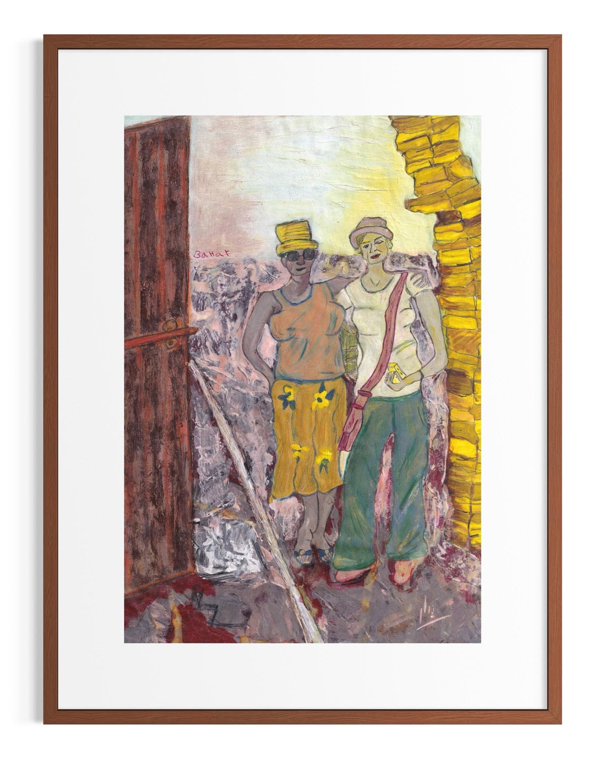 Framed artwork of two figures standing in a rustic setting with a wooden door and yellow wall.
