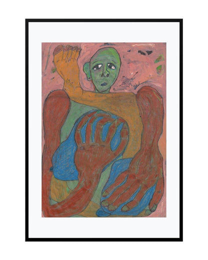 Surreal expressionist painting titled "Transformation," depicting a distorted figure in emotional metamorphosis