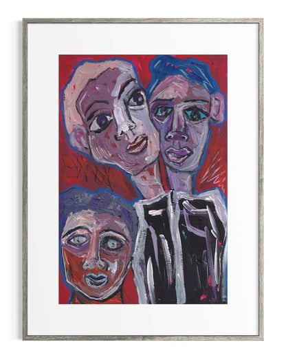 Framed artwork of three stylized faces on a red background