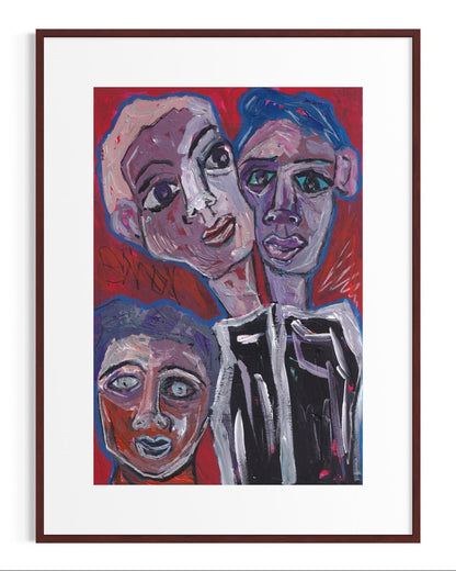 Framed artwork of three stylized faces on a red background