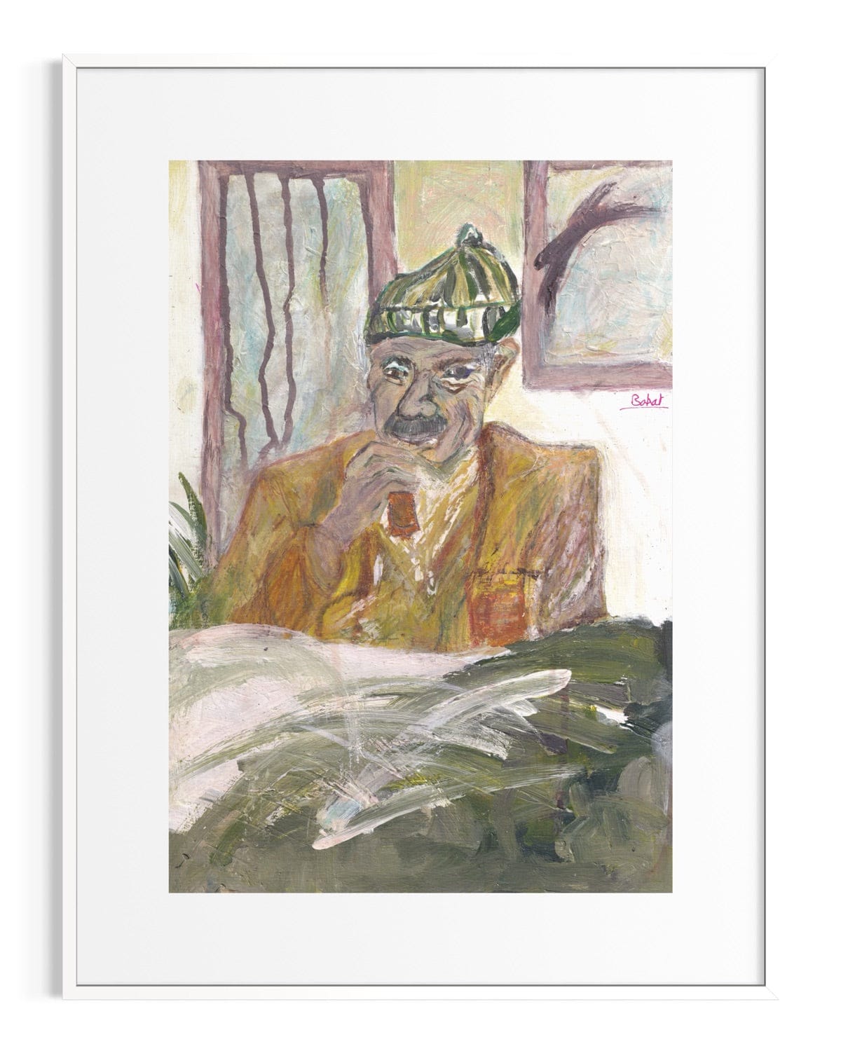 Framed artwork of a person wearing a green hat and sitting at a desk.