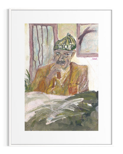 Framed artwork of a person wearing a green hat and sitting at a desk.