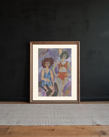 Mixed media artwork of joyful twin girls with linked arms, capturing a warm sibling connection