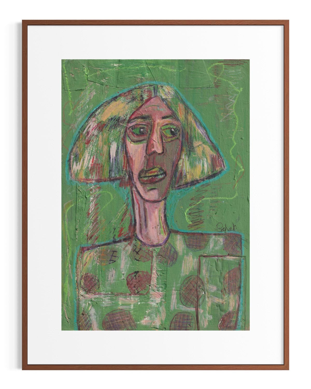 Framed artwork of a stylized portrait with abstract design on a green background