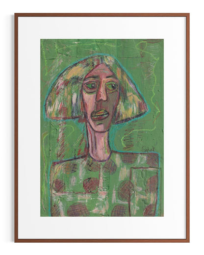 Framed artwork of a stylized portrait with abstract design on a green background