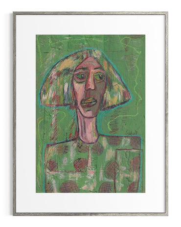 Framed artwork of a stylized portrait with a green background