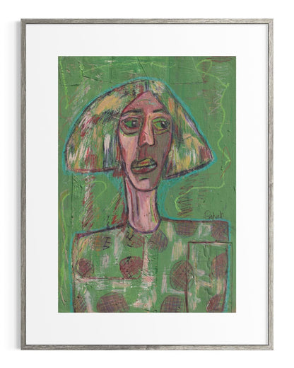 Framed artwork of a stylized portrait with a green background