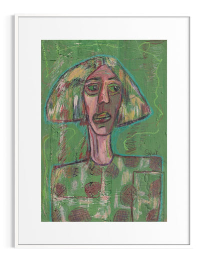 Framed artwork of a stylized portrait with abstract design on a green background