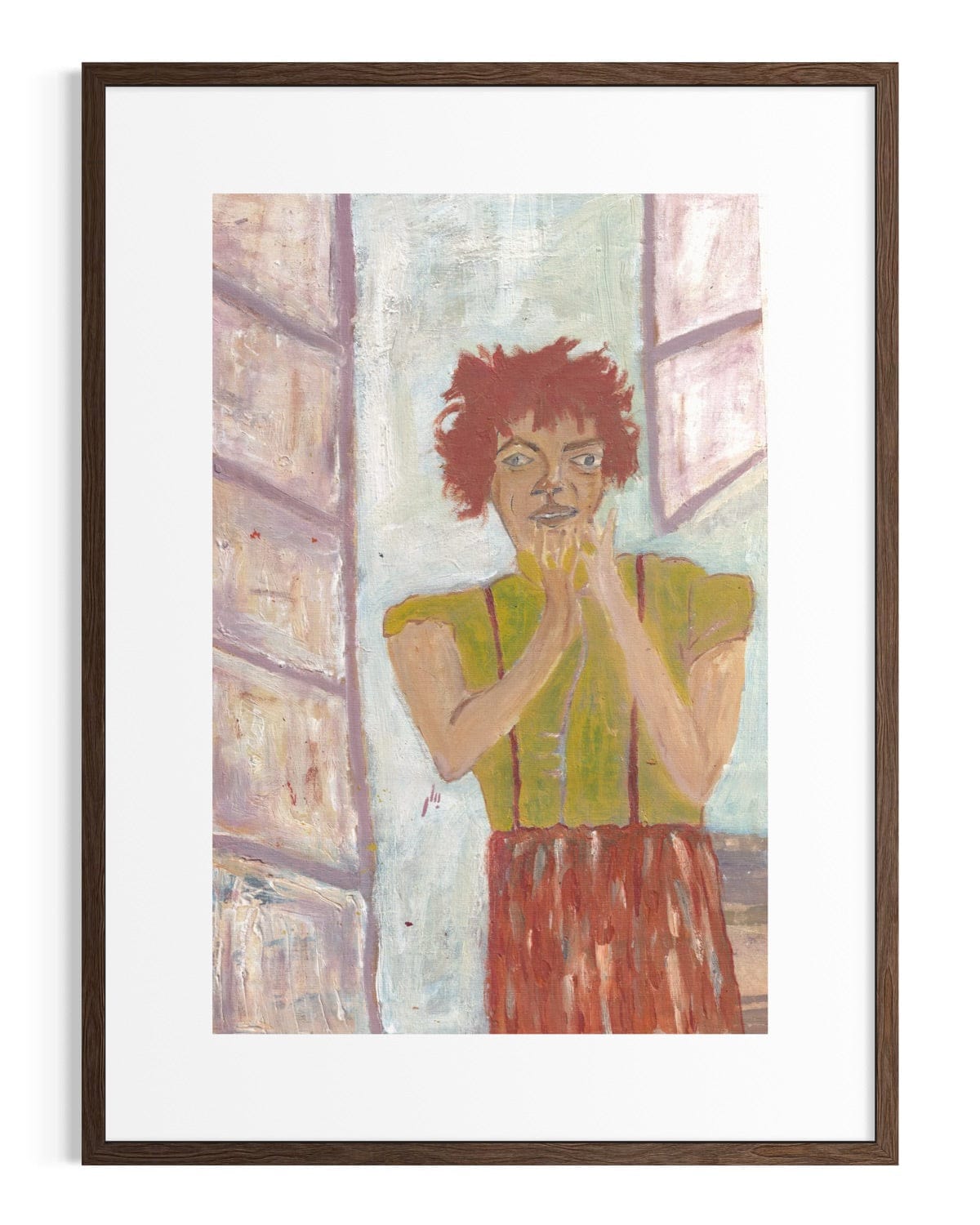 Framed artwork of a woman with red hair and green top in a room.
