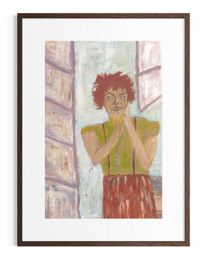 Framed artwork of a woman with red hair and green top in a room.