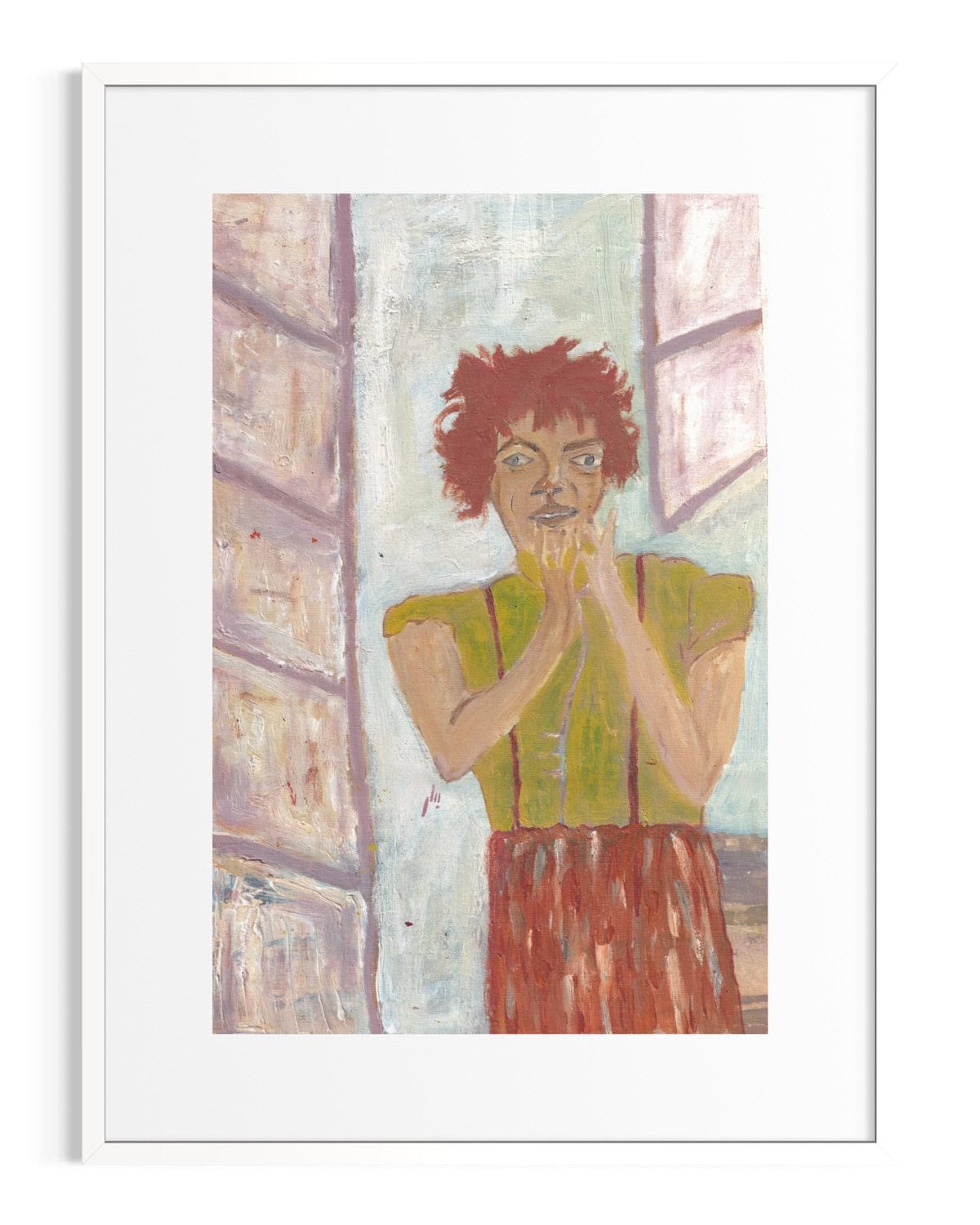 Framed artwork of a person with red hair and green top in a room.