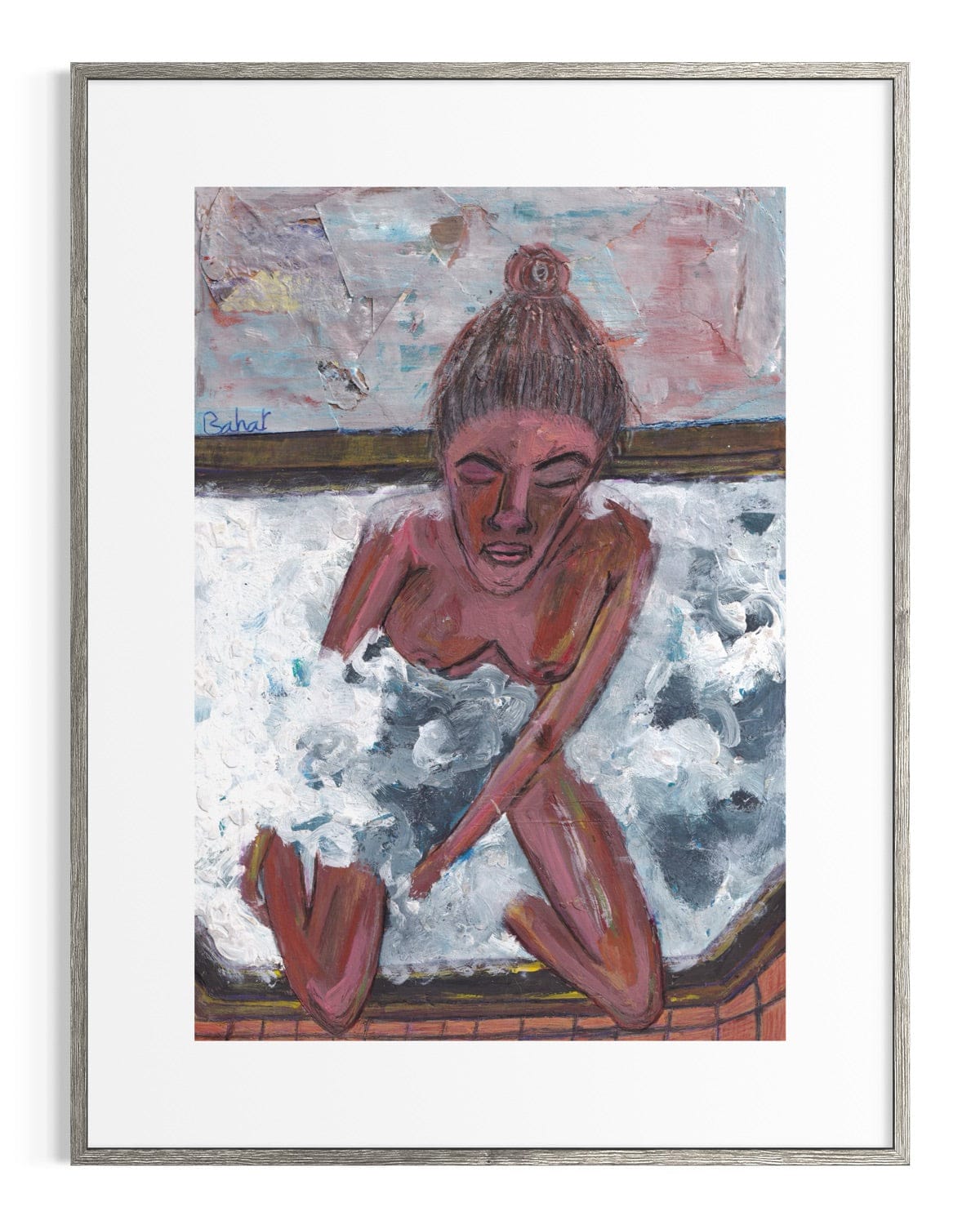 Framed artwork of a person in a bathtub with swirling water.