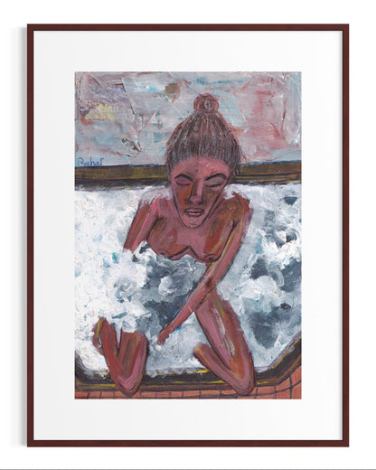 Artistic depiction of a person in water with a textured frame