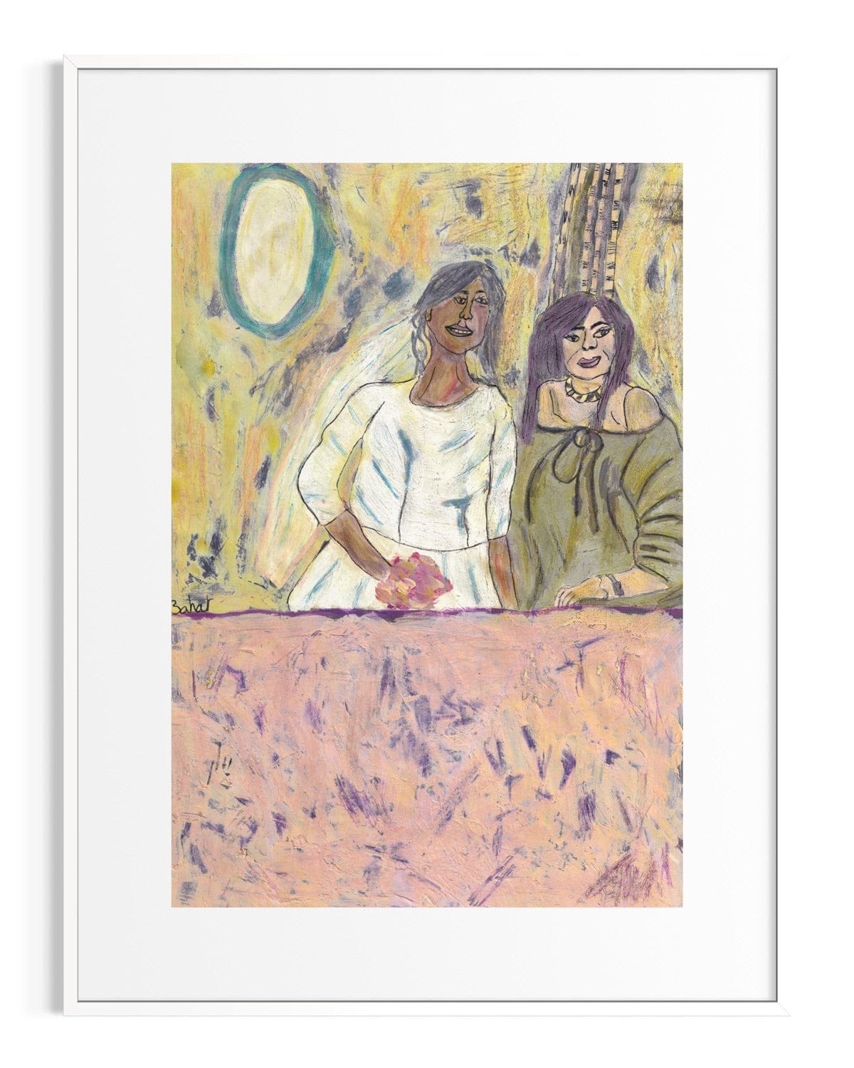 Artistic depiction of two women standing side by side with abstract elements in the background.