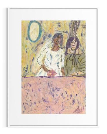 Artistic depiction of two women standing side by side with abstract elements in the background.