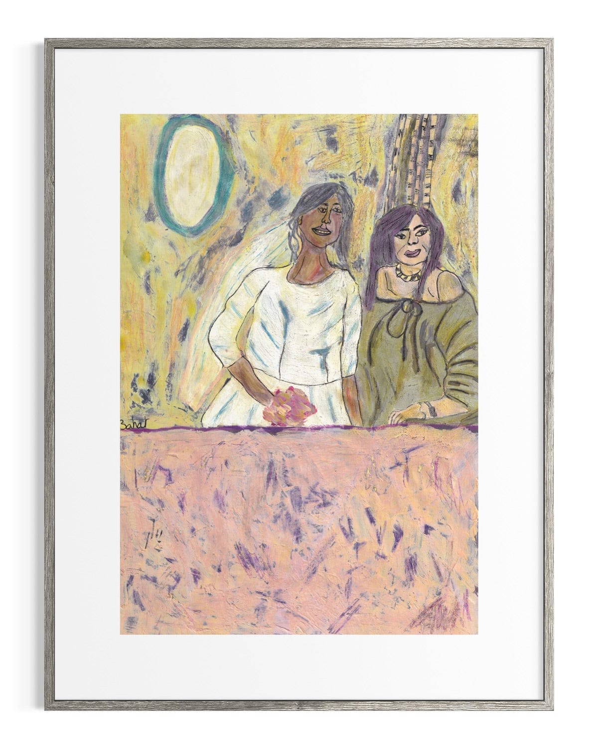 Framed artwork of two women standing next to each other with a colorful background.