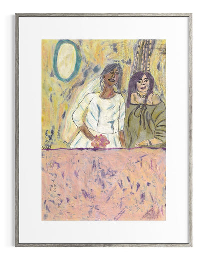 Framed artwork of two women standing next to each other with a colorful background.