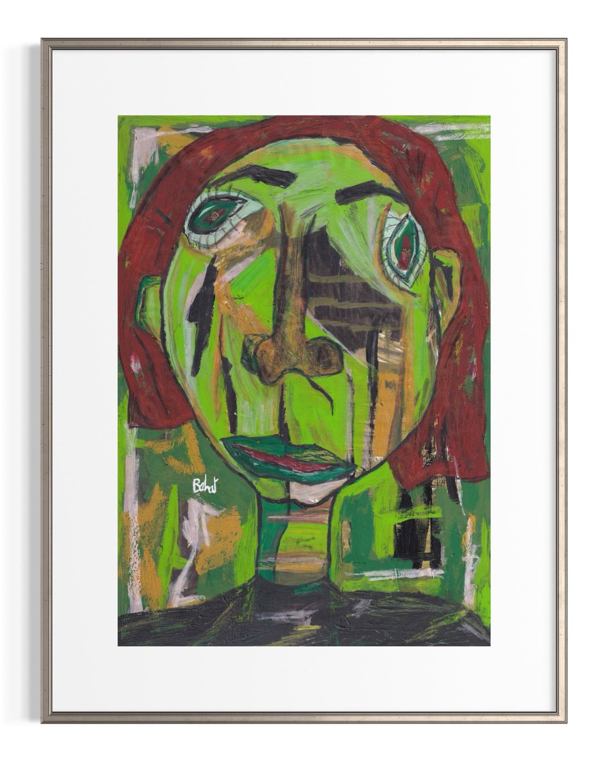 Framed abstract artwork with a green face and red hair on a white background