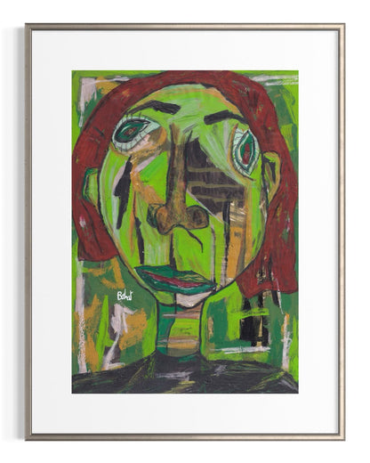 Framed abstract artwork with a green face and red hair on a white background