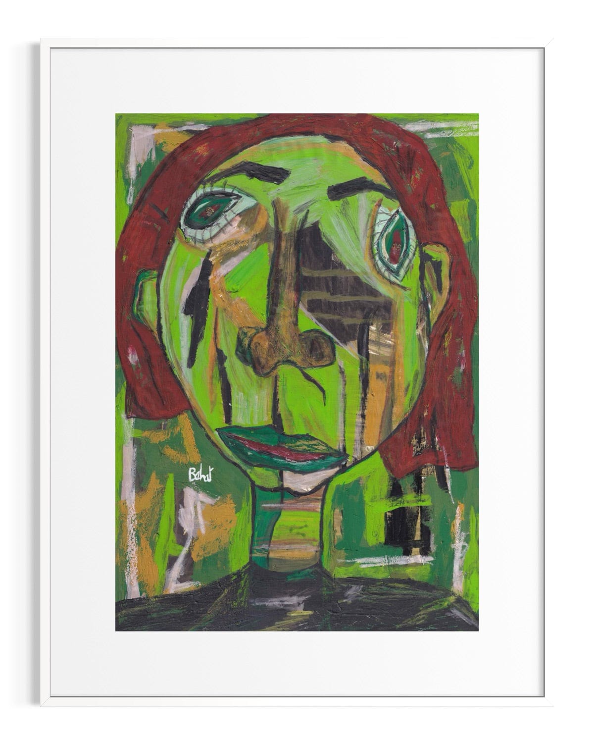 Abstract artwork with a green face and red hair on a white background