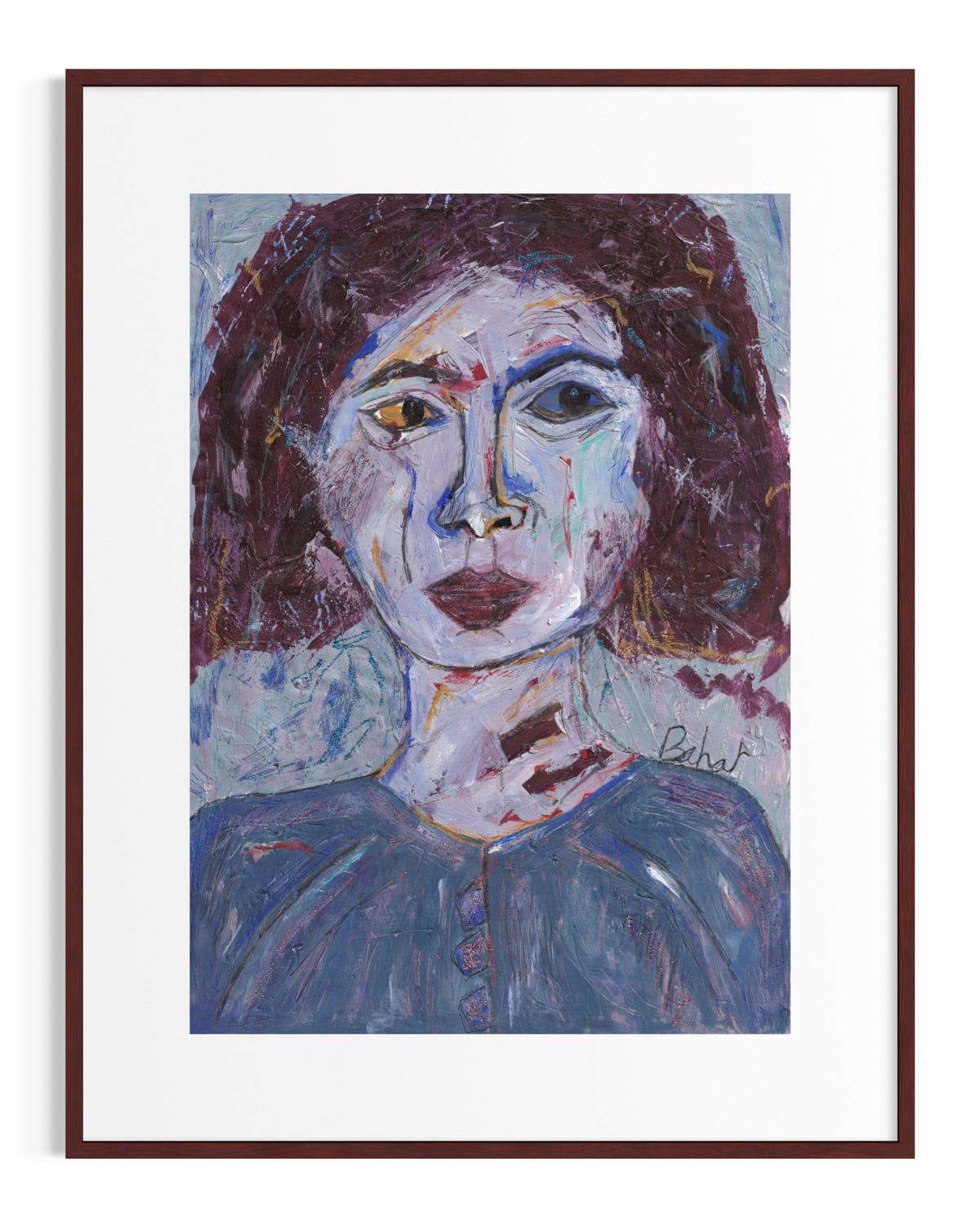 Framed painting of a woman's portrait with a brown frame