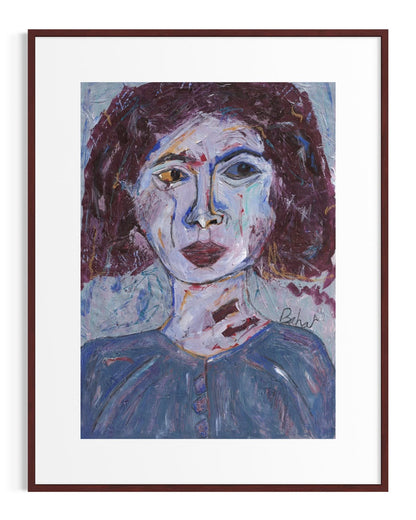 Framed painting of a woman's portrait with a brown frame