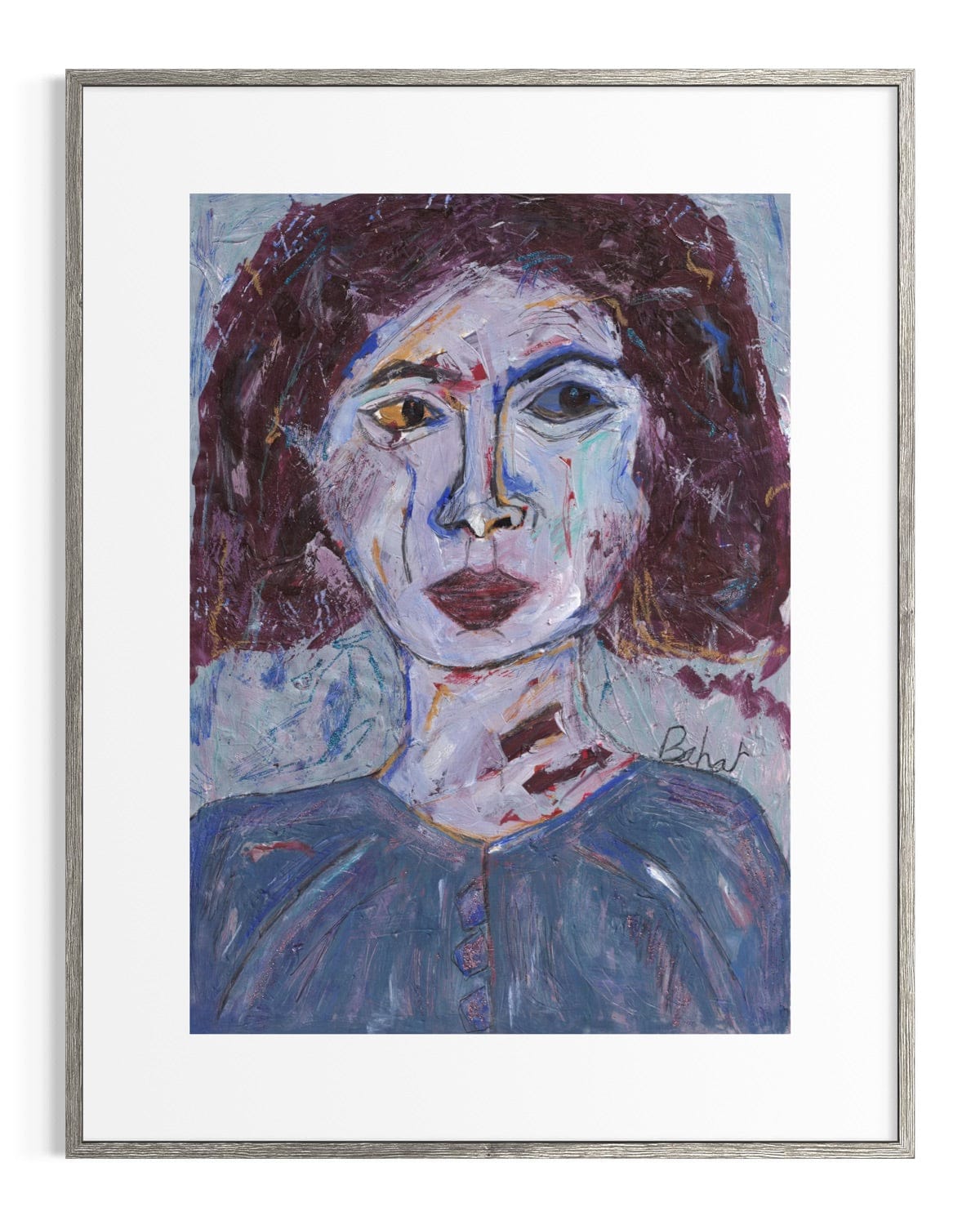 Framed painting of a woman's portrait with abstract style