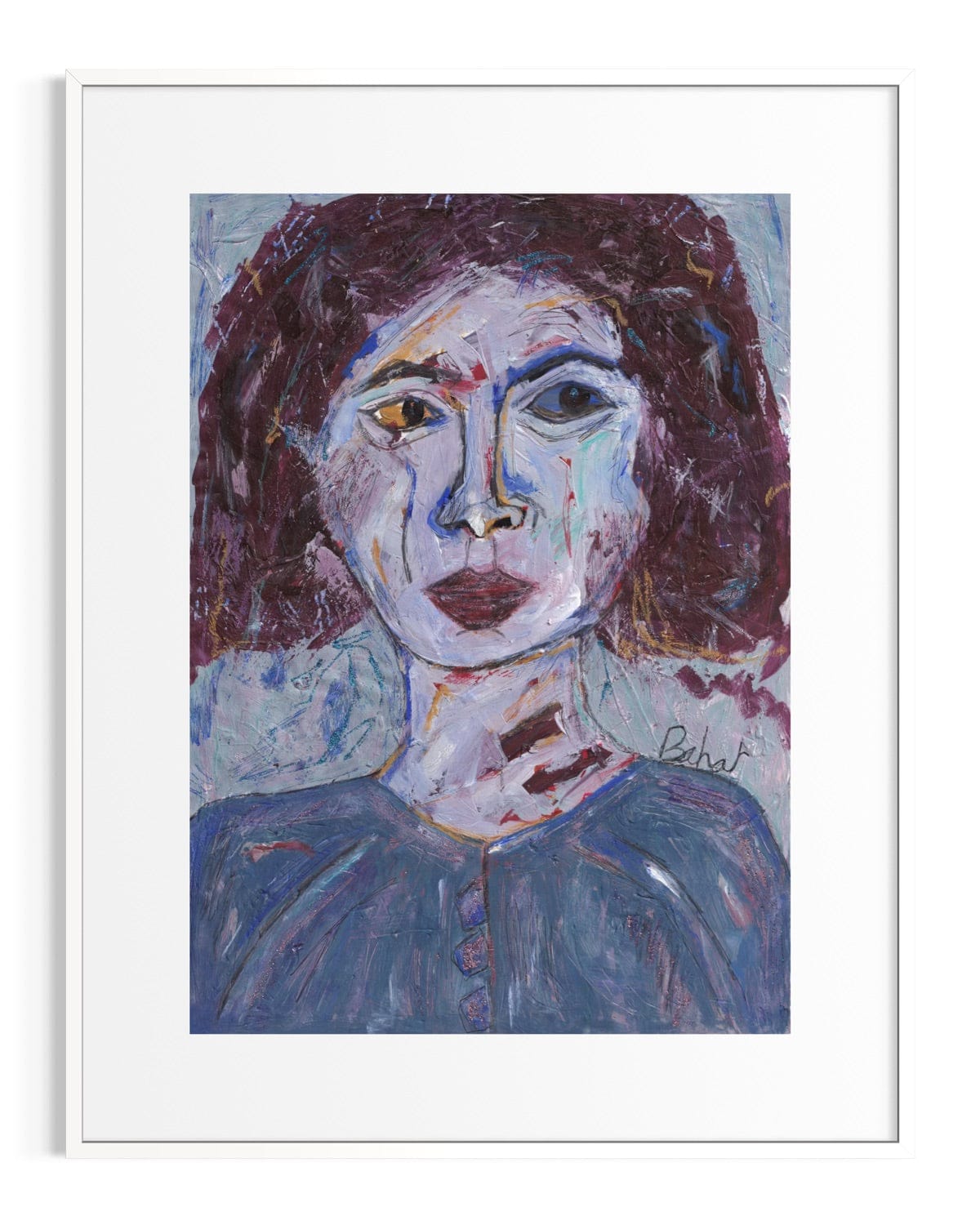 Framed painting of a woman's face with abstract style