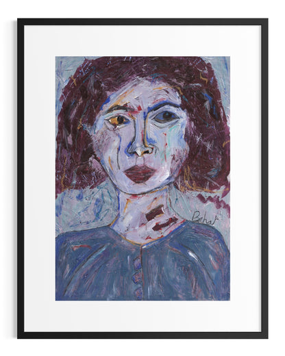 Framed painting of a woman's face with abstract style