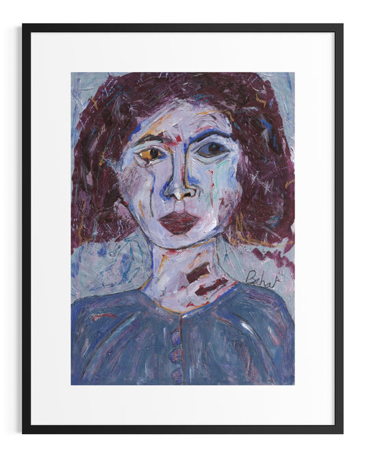 Framed painting of a woman's face with abstract style