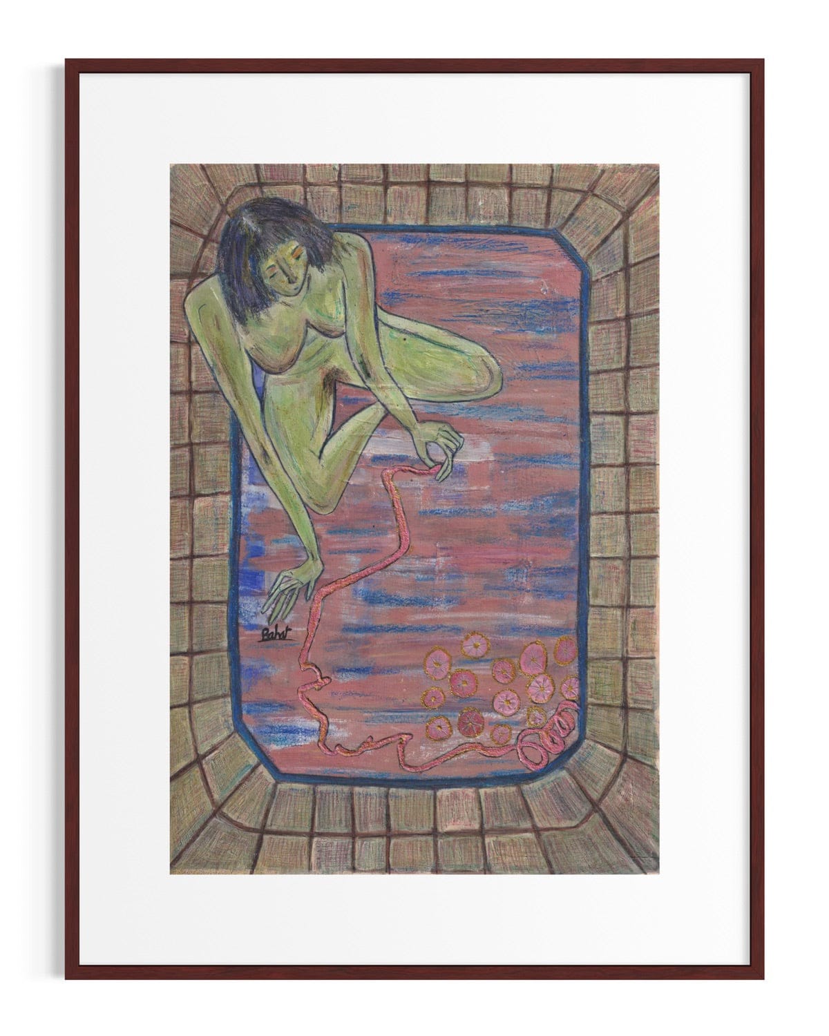 Framed artwork of a nude figure in a bath with a brick wall background