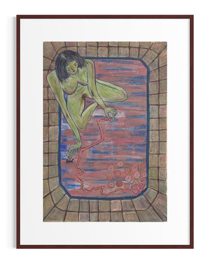 Framed artwork of a nude figure in a bath with a brick wall background