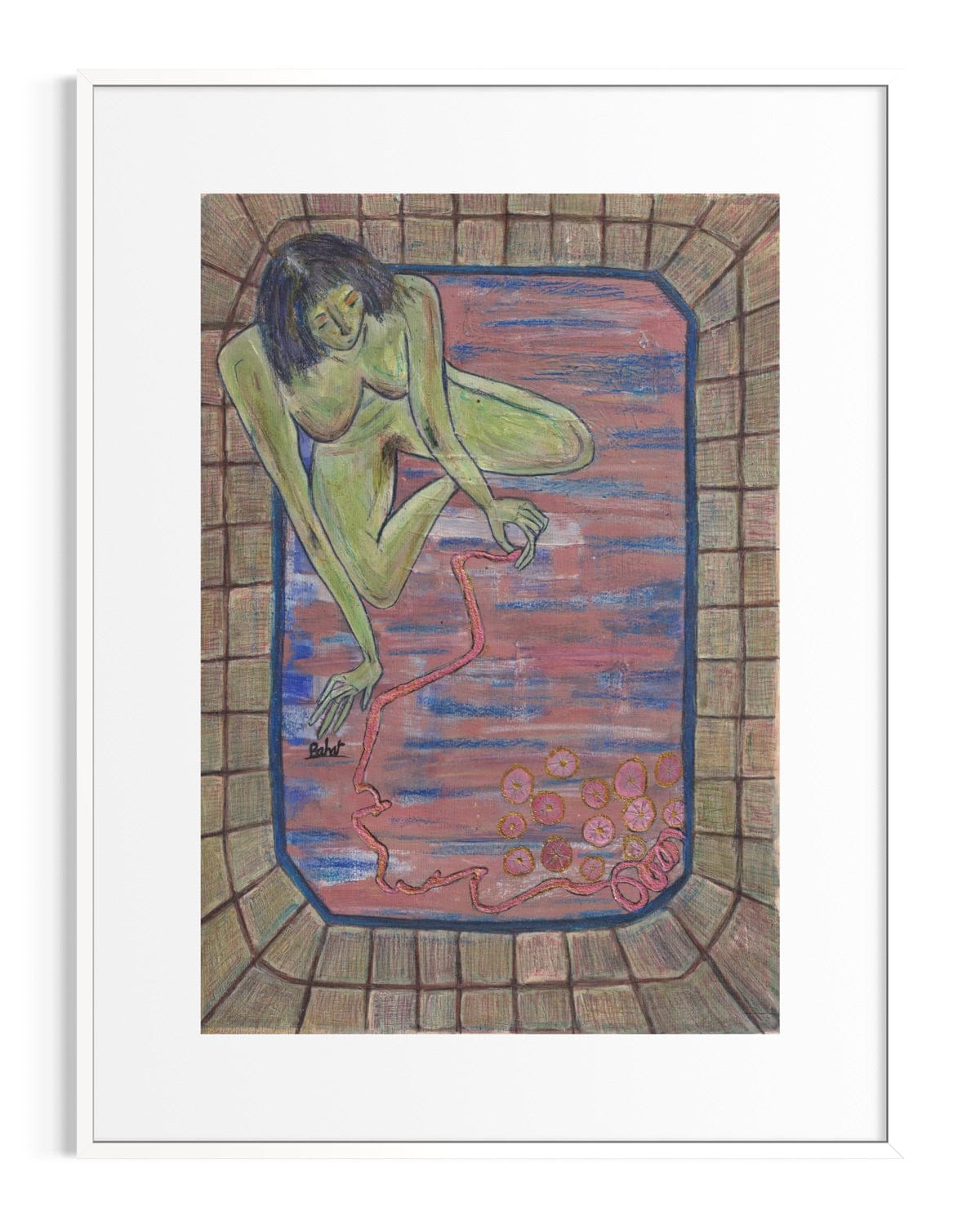 Artistic depiction of a nude figure in a bath with a tiled wall background