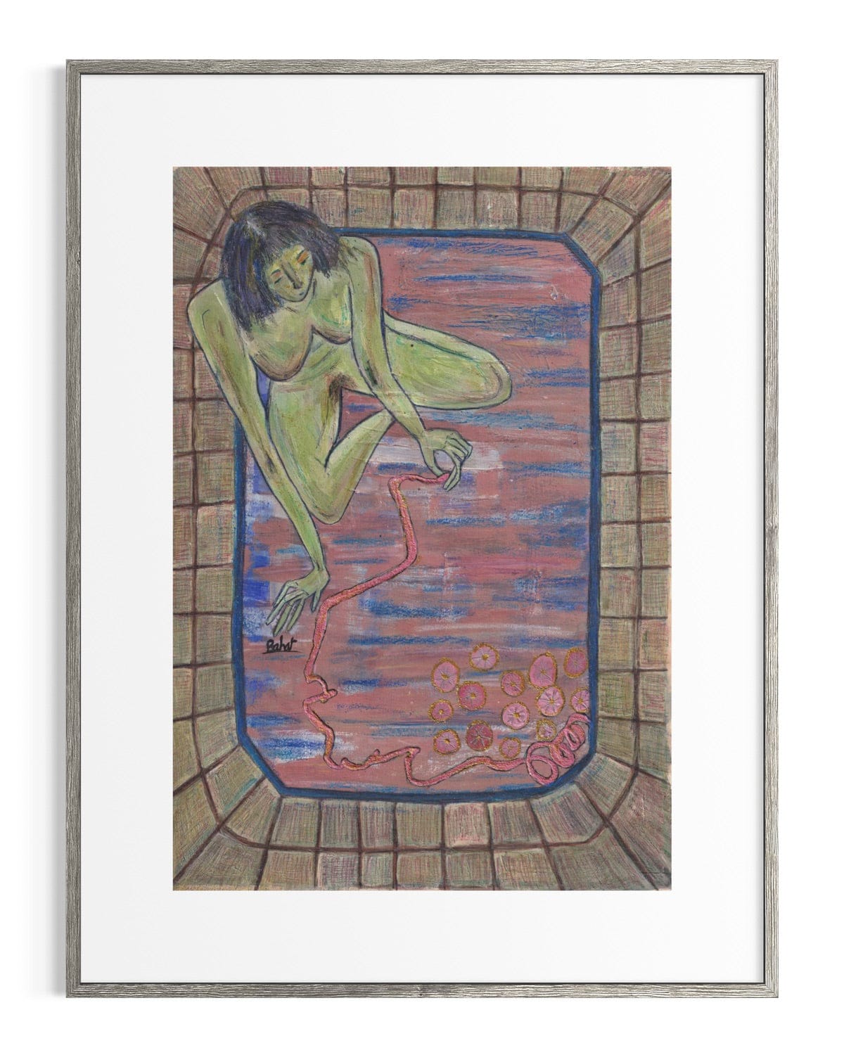 Framed artwork of a nude figure in a bath with a brick wall background