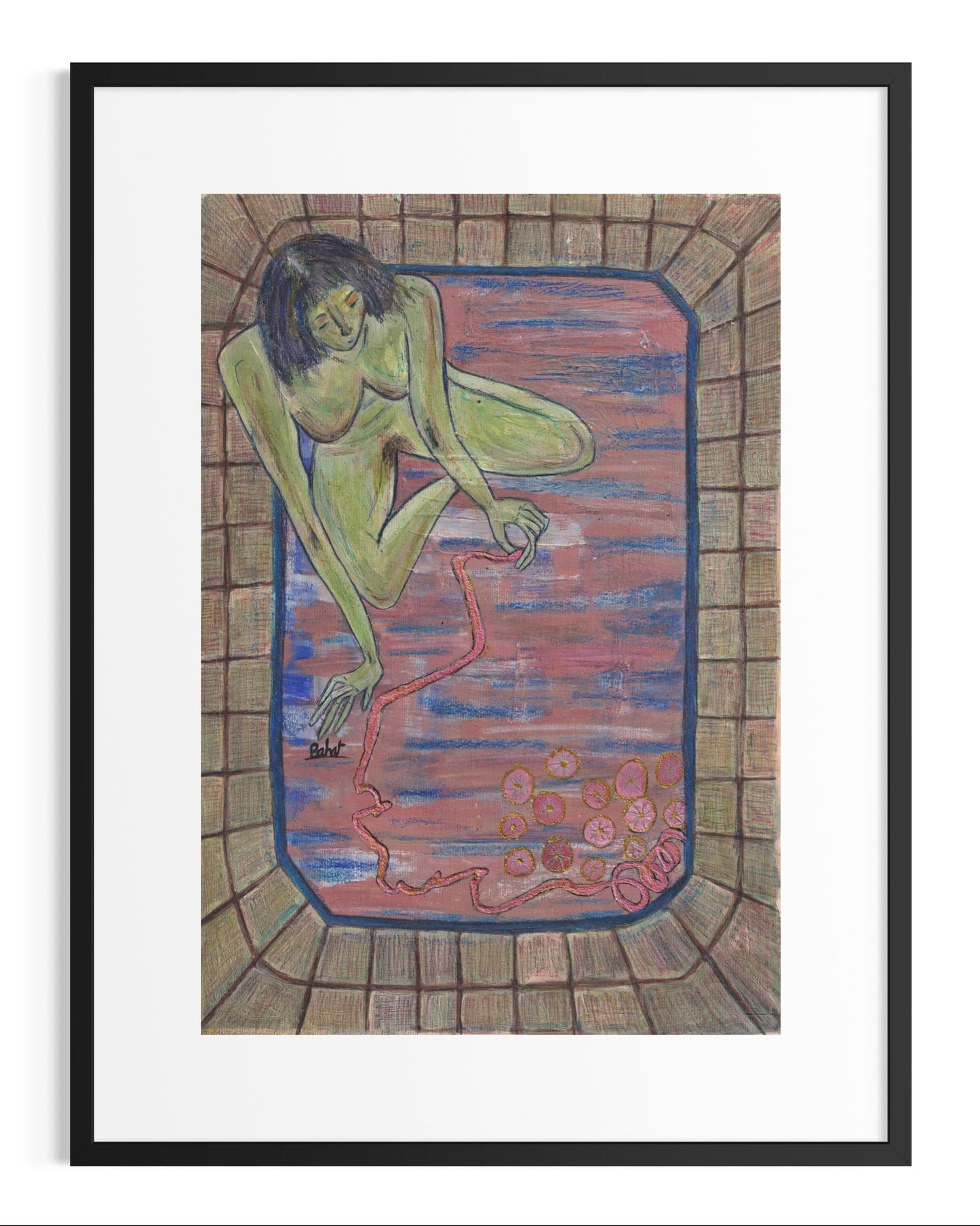 Framed artwork of a nude figure in a bath with a brick wall background