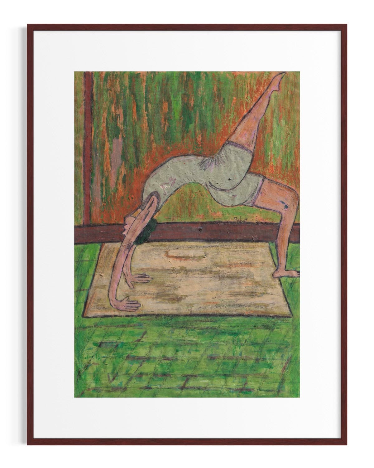 Framed artwork of a person in a yoga pose on a mat with a green background