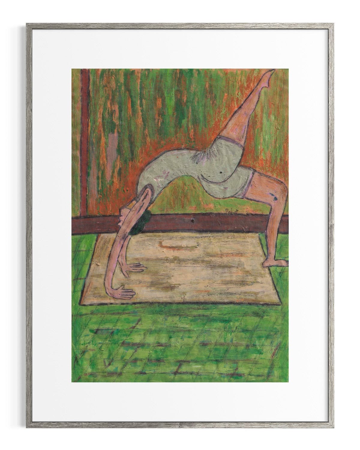 Framed artwork of a person in a yoga pose against a green background