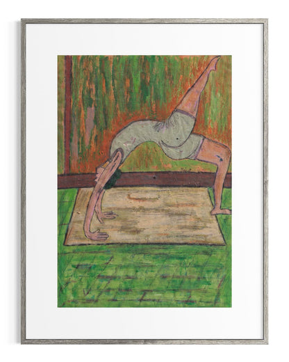 Framed artwork of a person in a yoga pose against a green background