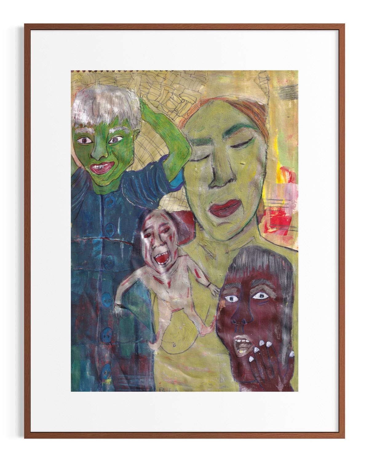 Framed artwork with stylized faces and abstract elements