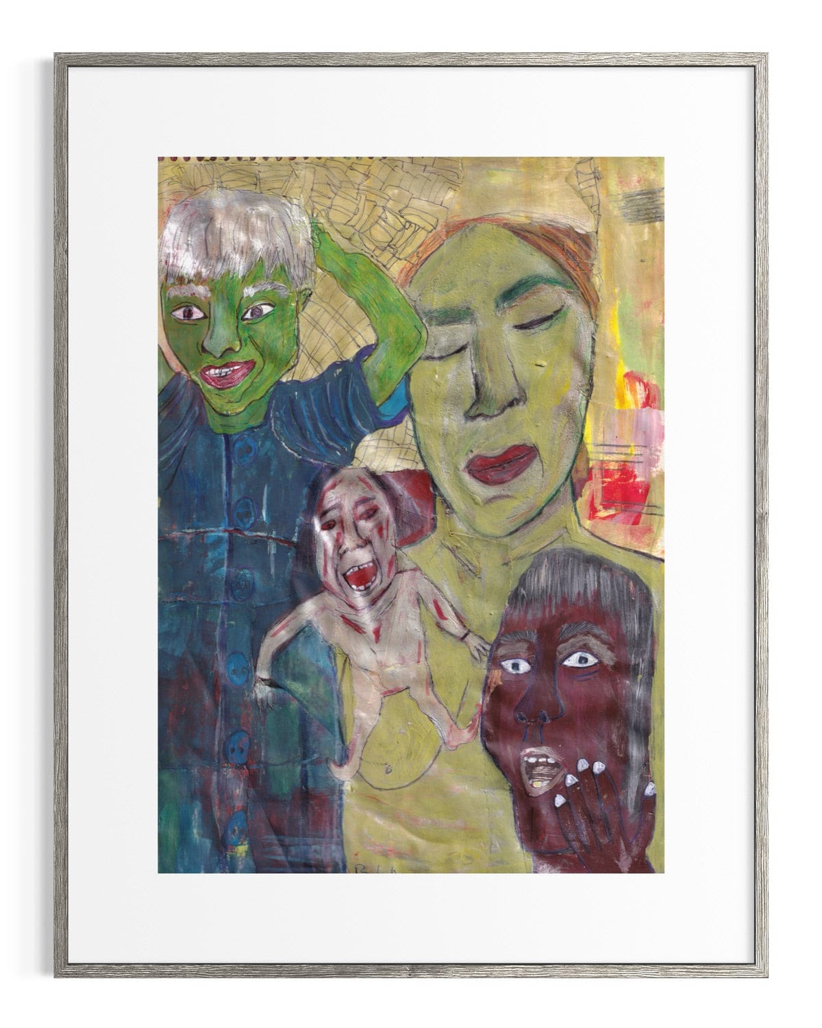 Framed artwork of stylized faces with exaggerated features on a white background