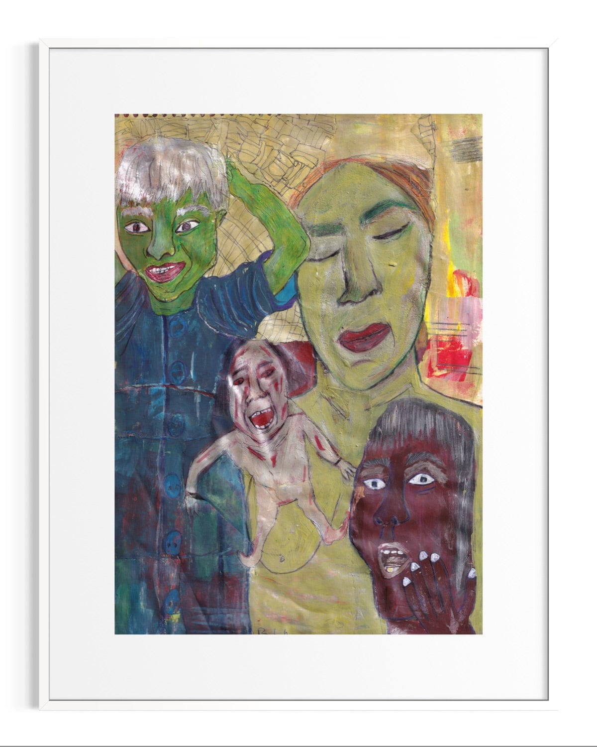 Framed artwork with stylized faces and abstract elements