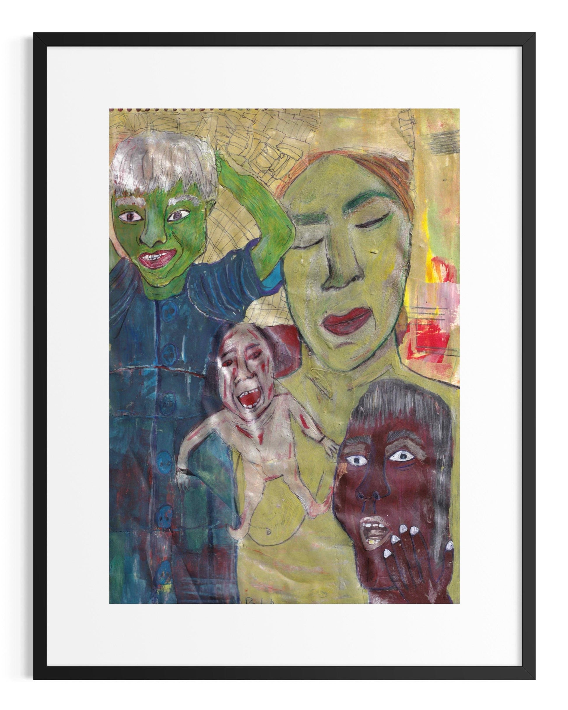 Framed artwork with stylized faces and abstract elements