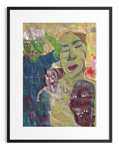 Framed artwork with stylized faces and abstract elements